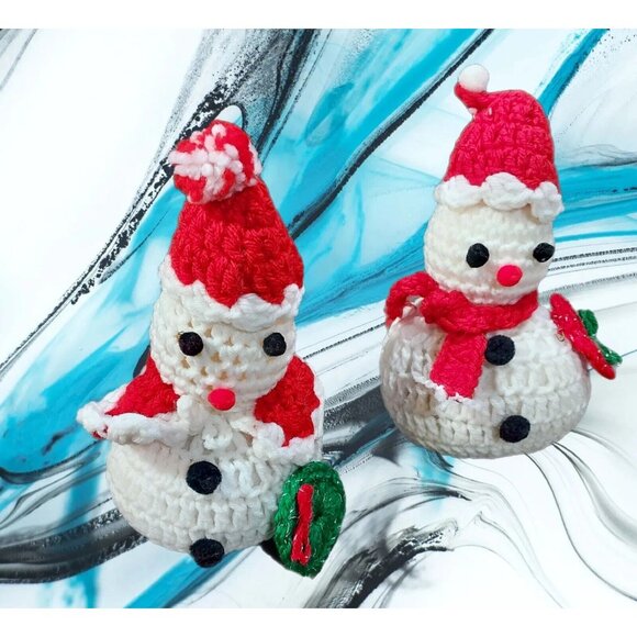 Christmas Handmade Crochet Snowman Snowlady Decoration Red White Vintage - Picture 3 of 13